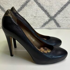 Sam Edelman Women’s 9.5 Black/Gold Heels Platform Leather Pumps Stiletto 4” Heel